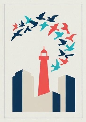 Beacon Detour finished artwork: a coral lighthouse between navy city blocks with a circling flock of teal and coral birds