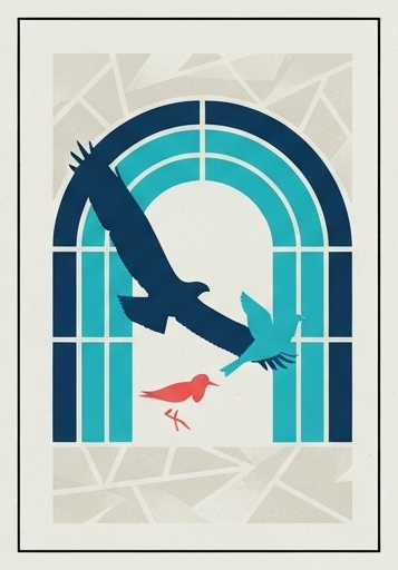 Flyway Window finished artwork: a dark raptor and a teal bird cross a teal and navy arched window while a small coral shorebird stands below