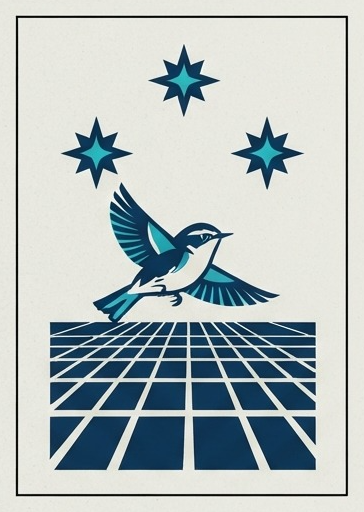 Warbler Night Grid finished artwork: a warbler with teal wing bars flies above a receding navy city grid under three eight-pointed night stars